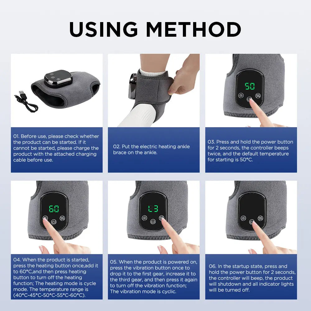 Rechargeable Electric Heating Ankle Brace with Vibration Massage - 5 Heat Levels & 3 Massage Modes(Grey) Wholesale Hub
