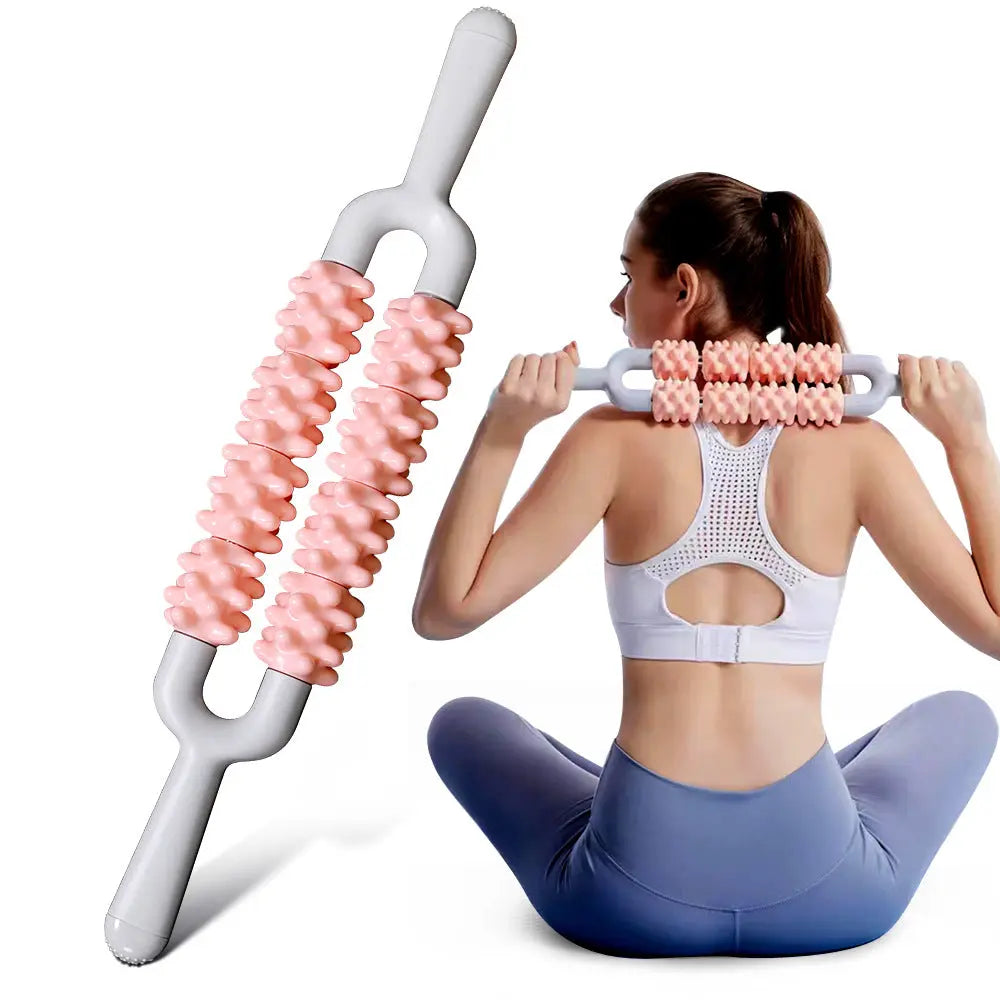 Pink and Grey Dual Row Spiky Muscle Roller Stick - Deep Tissue Massager for Back and Leg Recovery Wholesale Hub