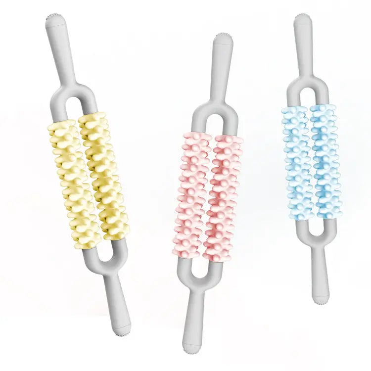 Yellow and Grey Dual Row Spiky Muscle Roller Stick - Deep Tissue Massager for Back and Leg Recovery Wholesale Hub