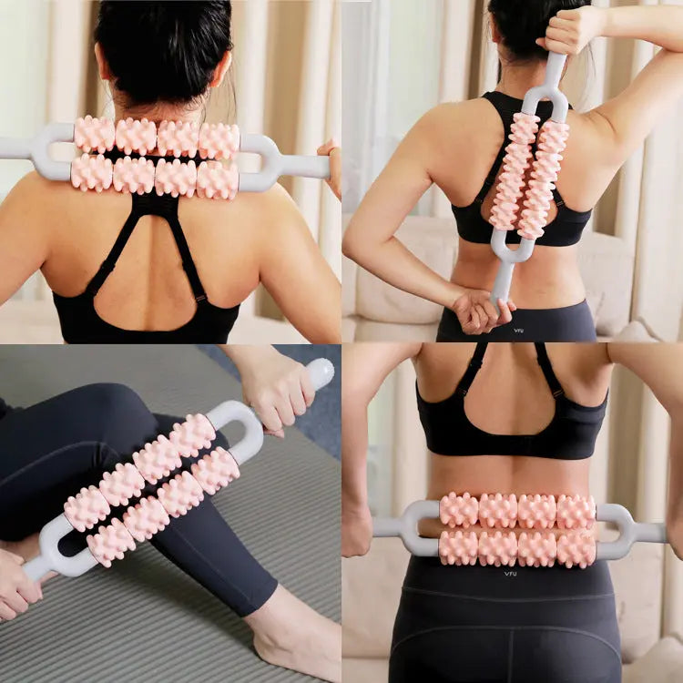 Yellow and Grey Dual Row Spiky Muscle Roller Stick - Deep Tissue Massager for Back and Leg Recovery Wholesale Hub