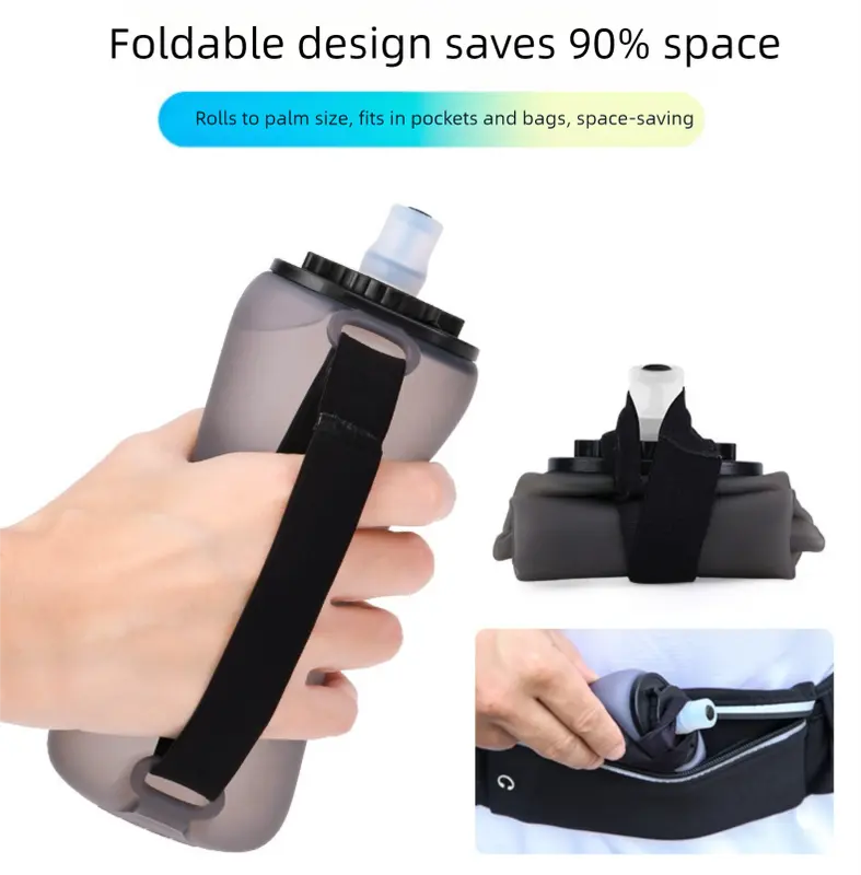 Black Collapsible Handheld Running Flask - 350ml Lightweight Silicone Water Bottle with Bite Valve Wholesale Hub