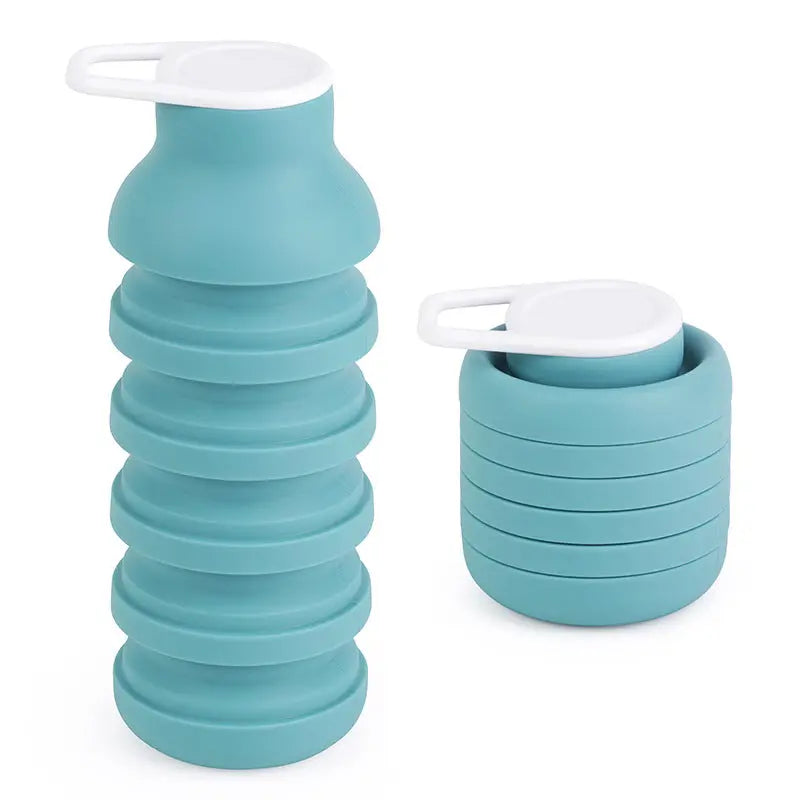 Light Blue Collapsible Silicone Water Bottle Portable Travel Sports Cup with Carabiner Clip Foldable Design for Camping Hiking & Gym Teal Wholesale Hub