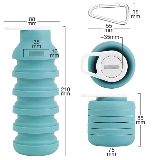 Light Blue Collapsible Silicone Water Bottle Portable Travel Sports Cup with Carabiner Clip Foldable Design for Camping Hiking & Gym Teal Wholesale Hub