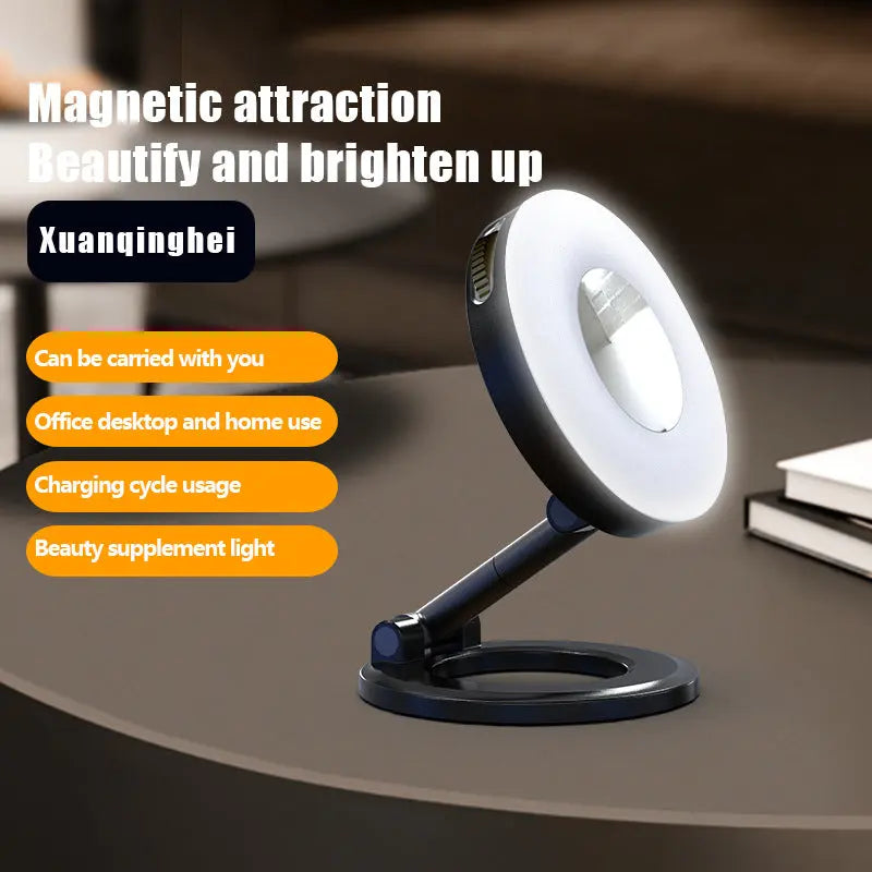 Black 2-in-1 Folding Portable Selfie Light and Magnetic Phone Stand - Vlogging Ring Light with Adjustable Kickstand, Three-Color Soft Light & USB Rechargeable Wholesale Hub