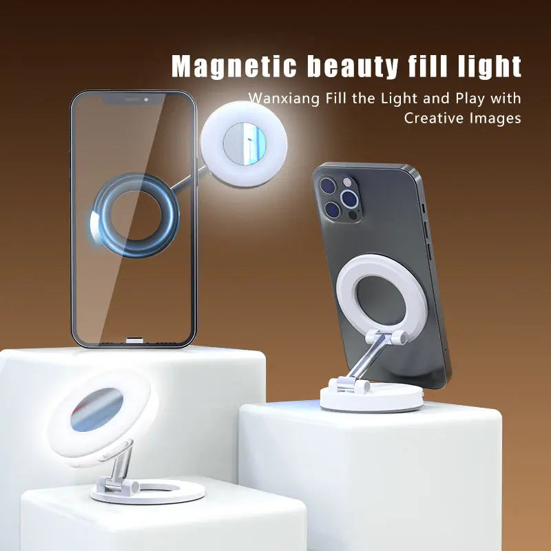 Black 2-in-1 Folding Portable Selfie Light and Magnetic Phone Stand - Vlogging Ring Light with Adjustable Kickstand, Three-Color Soft Light & USB Rechargeable Wholesale Hub