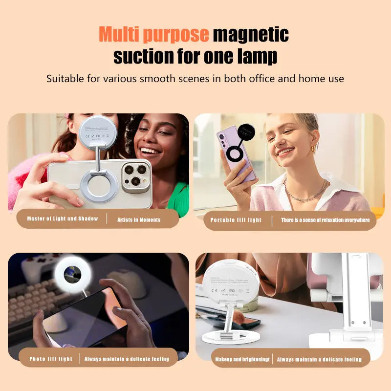 Black 2-in-1 Folding Portable Selfie Light and Magnetic Phone Stand - Vlogging Ring Light with Adjustable Kickstand, Three-Color Soft Light & USB Rechargeable Wholesale Hub