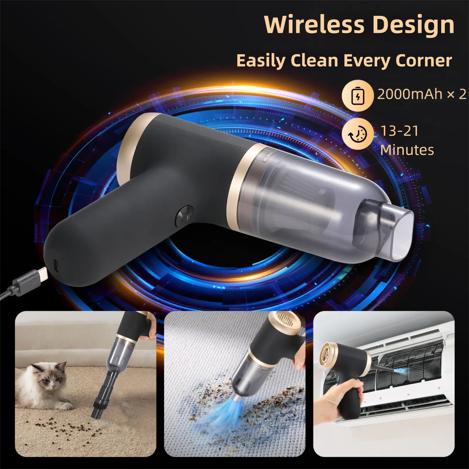 Black Portable 2-in-1 Cordless Vacuum Duster Kit with 2 Attachments Wholesale Hub