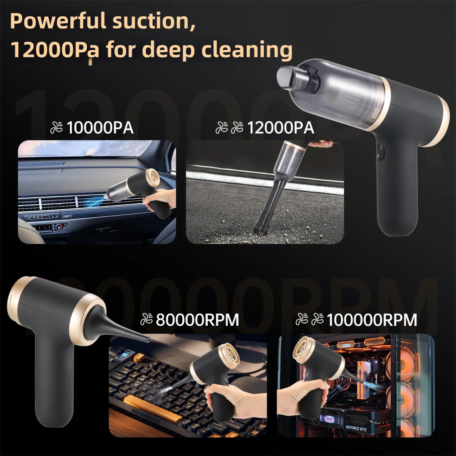 Black Portable 2-in-1 Cordless Vacuum Duster Kit with 2 Attachments Wholesale Hub