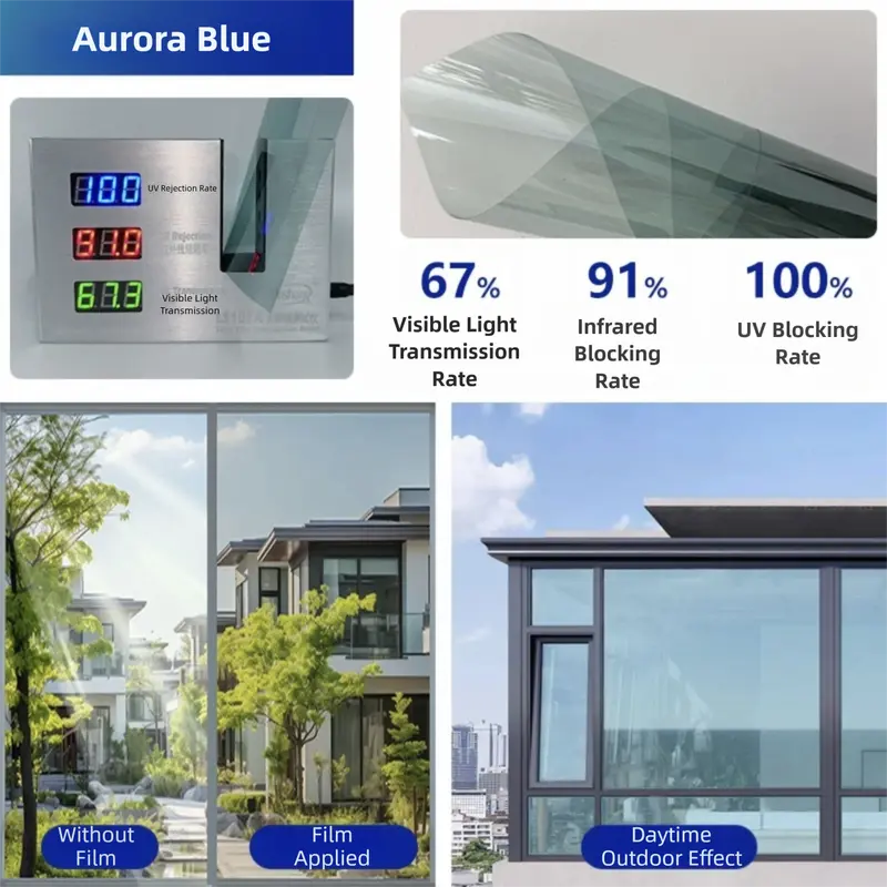 Premium 6-Layer Aurora Blue Window Film for Home/Office – Reflective One-Way Privacy, 50cm x 2m One Roll, UPF 50+ UV Block,With Full Install Tools Wholesale Hub