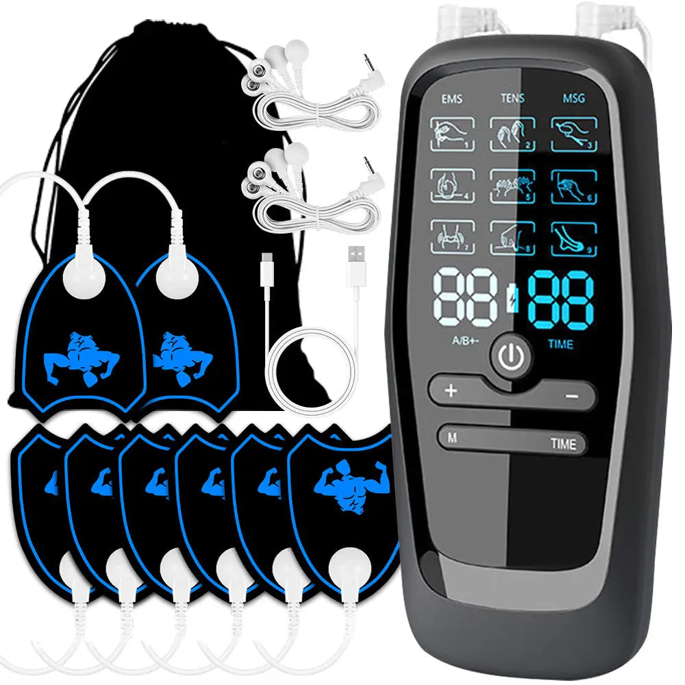 Dual Channel EMS TENS Microcurrent Massager Device with 9 Modes Pain Relief Stimulator & 4 Pairs of Patches Wholesale Hub