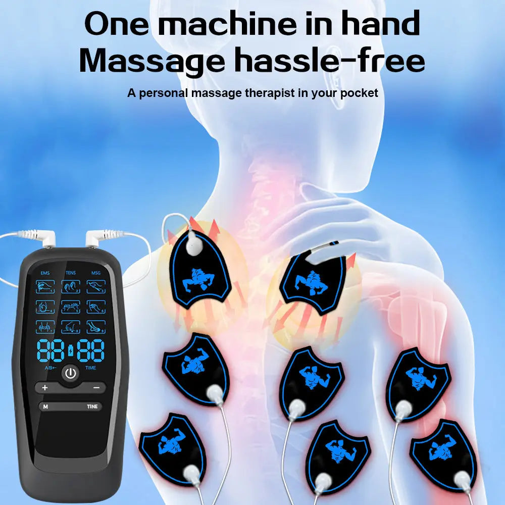 Dual Channel EMS TENS Microcurrent Massager Device with 9 Modes Pain Relief Stimulator & 4 Pairs of Patches Wholesale Hub
