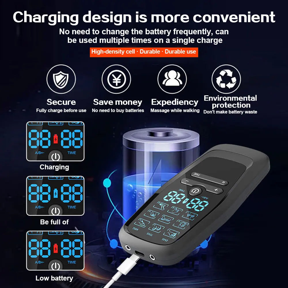 Dual Channel EMS TENS Microcurrent Massager Device with 9 Modes Pain Relief Stimulator & 4 Pairs of Patches Wholesale Hub
