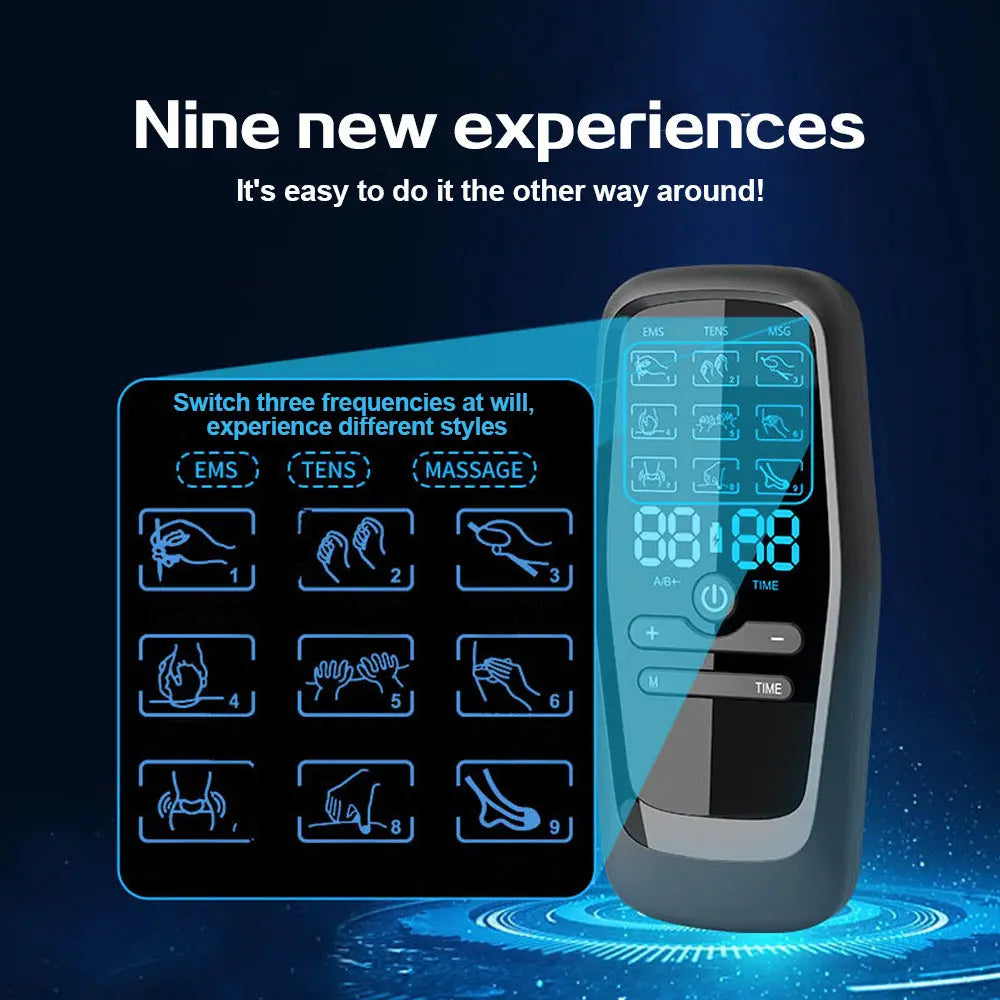 Dual Channel EMS TENS Microcurrent Massager Device with 9 Modes Pain Relief Stimulator & 4 Pairs of Patches Wholesale Hub