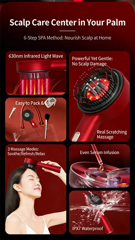 Red Luxury Red-Light Therapy Electric Scalp Massager Comb with Liquid Applicator - 3 Modes Vibration for Hair Growth & Relaxation Wholesale Hub