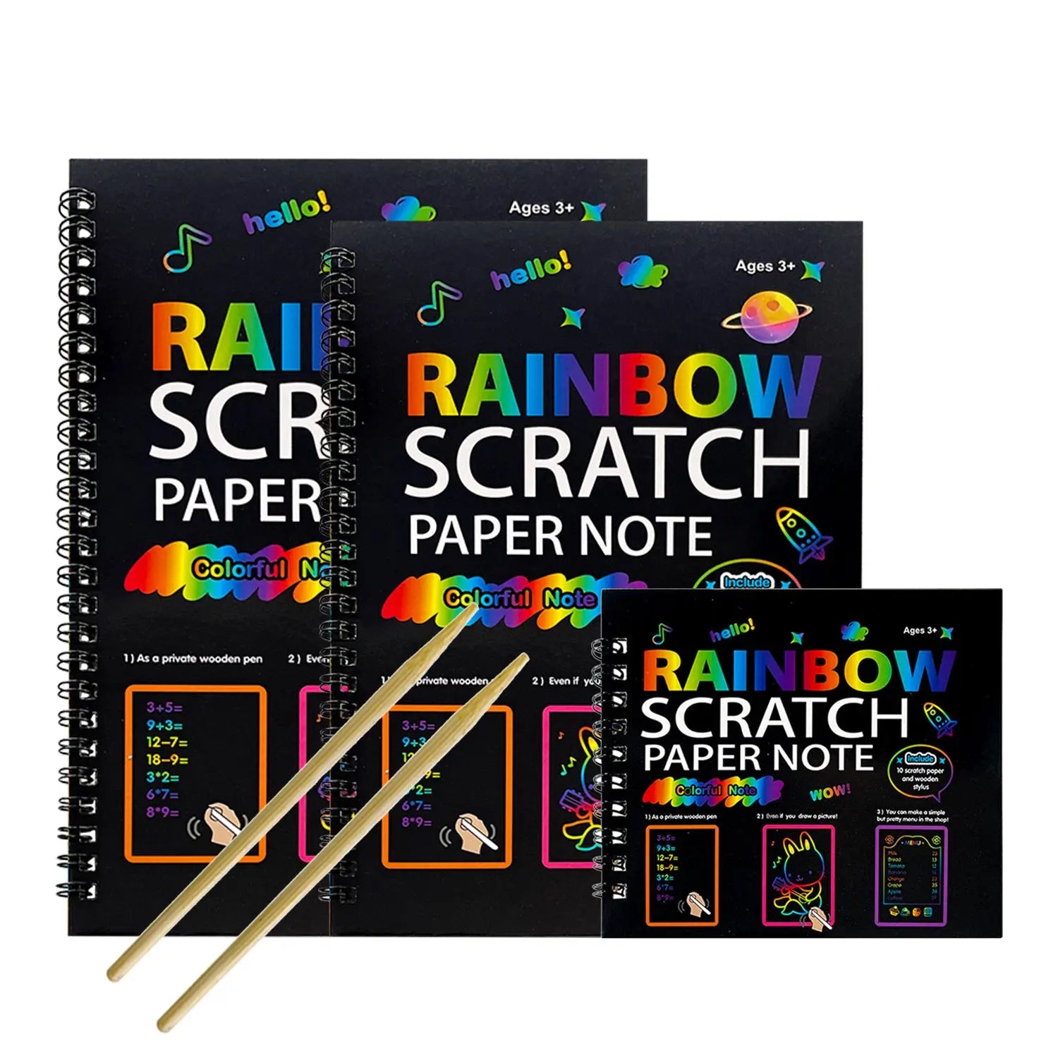 3-Pack DIY Rainbow Scratch Art Books Set - Neon Black Scratch Paper for Kids, Multi-Size (S, M, L) Creative Drawing & Fun Wholesale Hub