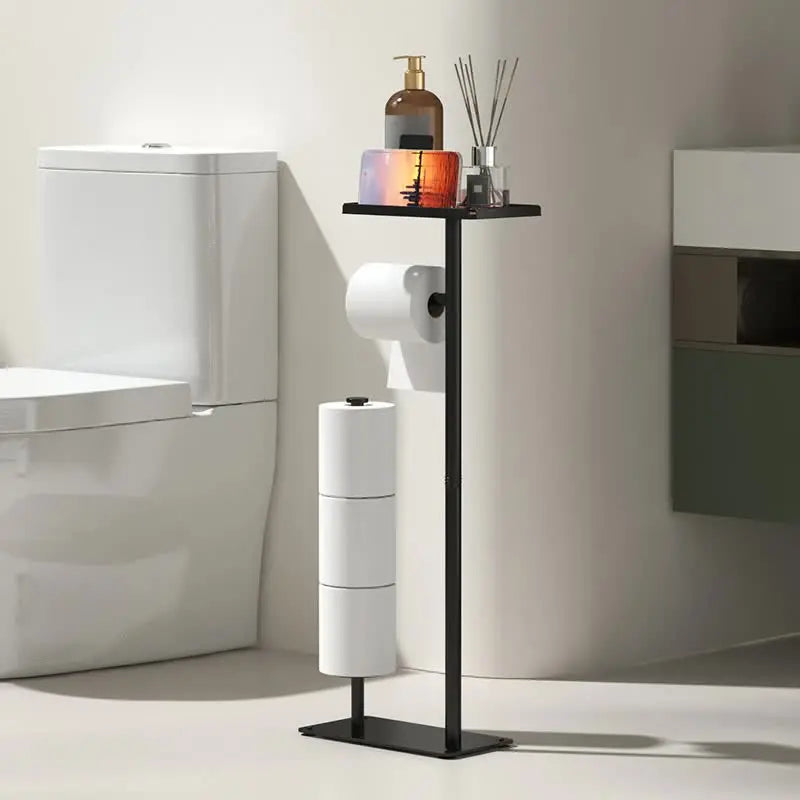 2-in-1 Freestanding Toilet Paper Holder - Thick Carbon Steel with Matte Black Finish, Storage Top and 2 * Paper Roll Holder Wholesale Hub