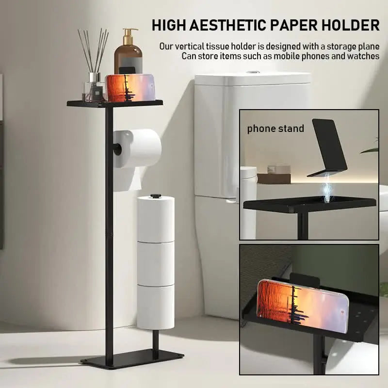 2-in-1 Freestanding Toilet Paper Holder - Thick Carbon Steel with Matte Black Finish, Storage Top and 2 * Paper Roll Holder Wholesale Hub