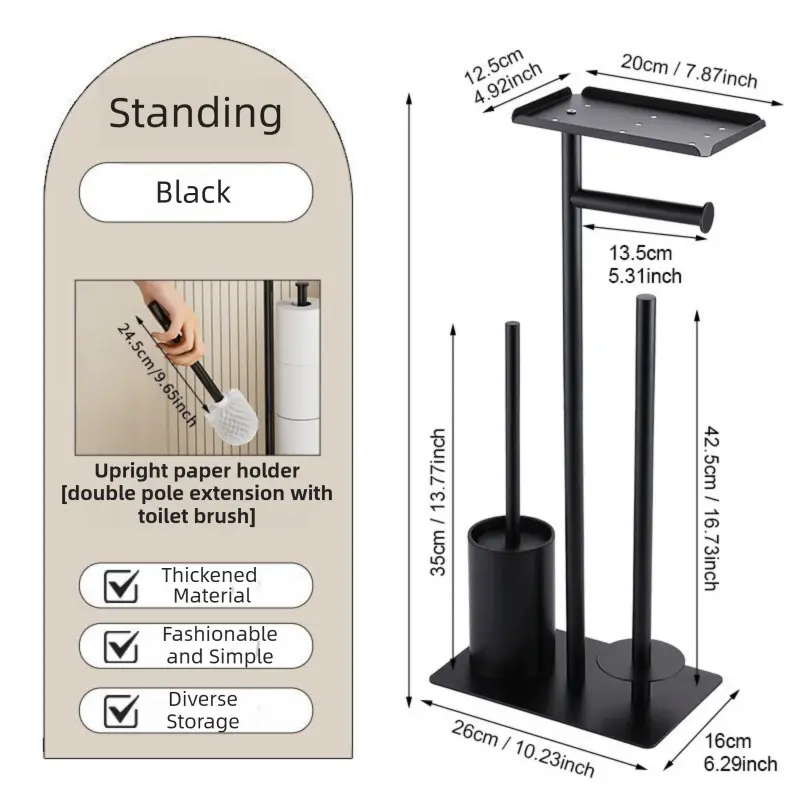 3-in-1 Freestanding Toilet Paper Holder - Thick Carbon Steel with Matte Black Finish, Storage Top, Paper Roll Holder, and Integrated Brush Holder Wholesale Hub