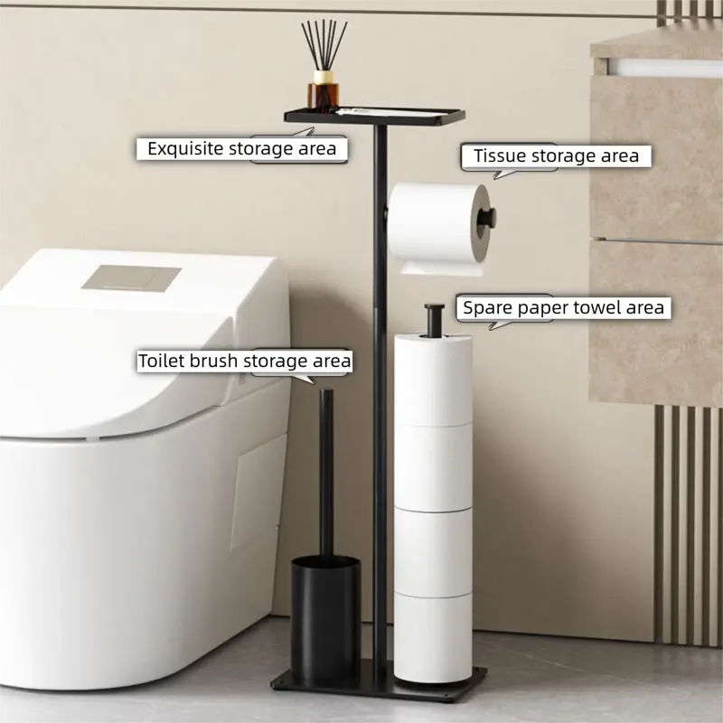 3-in-1 Freestanding Toilet Paper Holder - Thick Carbon Steel with Matte Black Finish, Storage Top, Paper Roll Holder, and Integrated Brush Holder Wholesale Hub