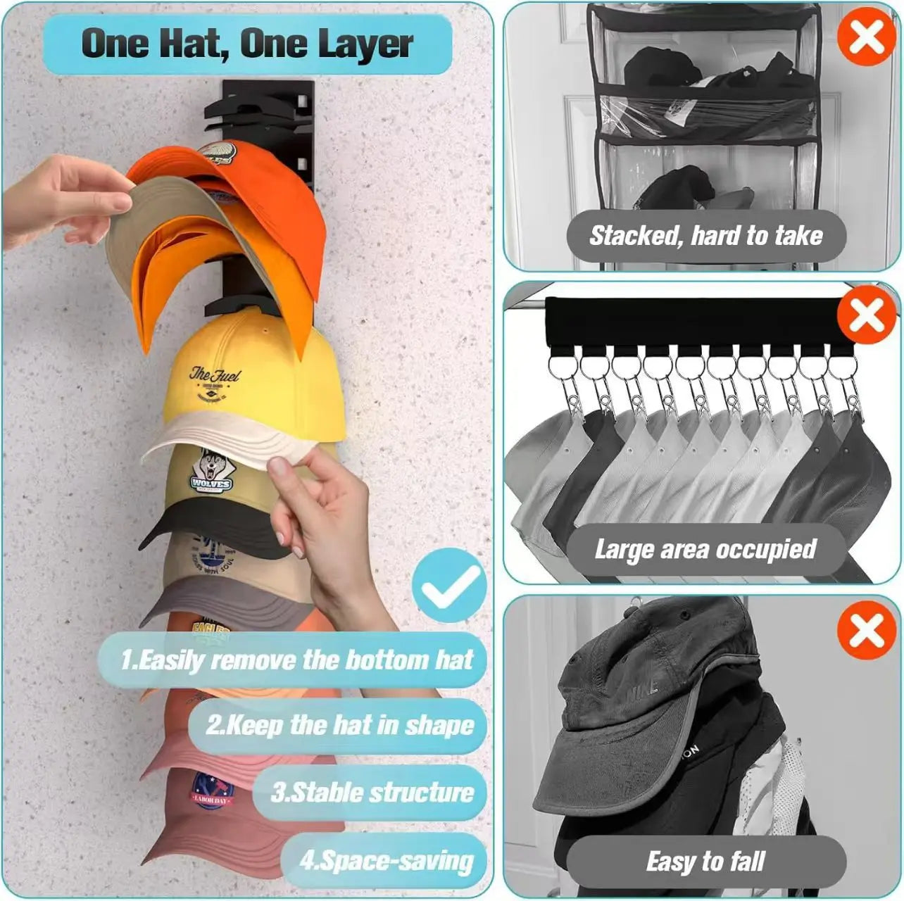 2-Pack 10-Tier Black Wall-Mounted Hat Rack with Installation Accessories - Space-Saving Plastic Baseball Cap and Other Hat Organizers Wholesale Hub