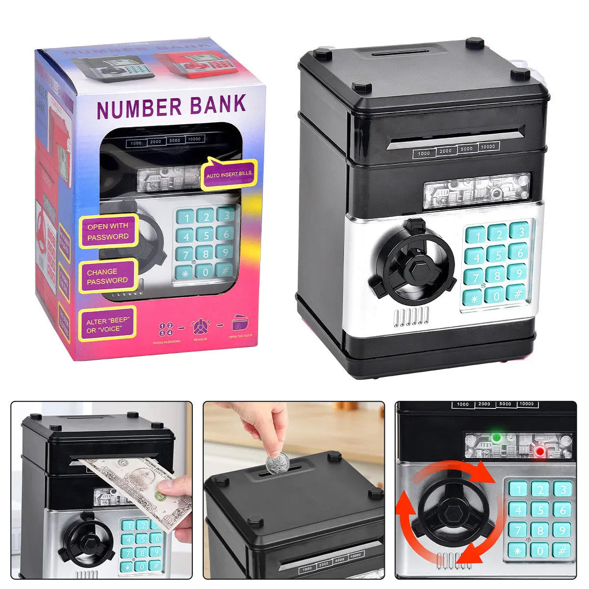 2-Piece Black Smart ATM Piggy Banks - Kids Electronic Money Safe with Password Lock & Auto-Roll in/out Feature Wholesale Hub