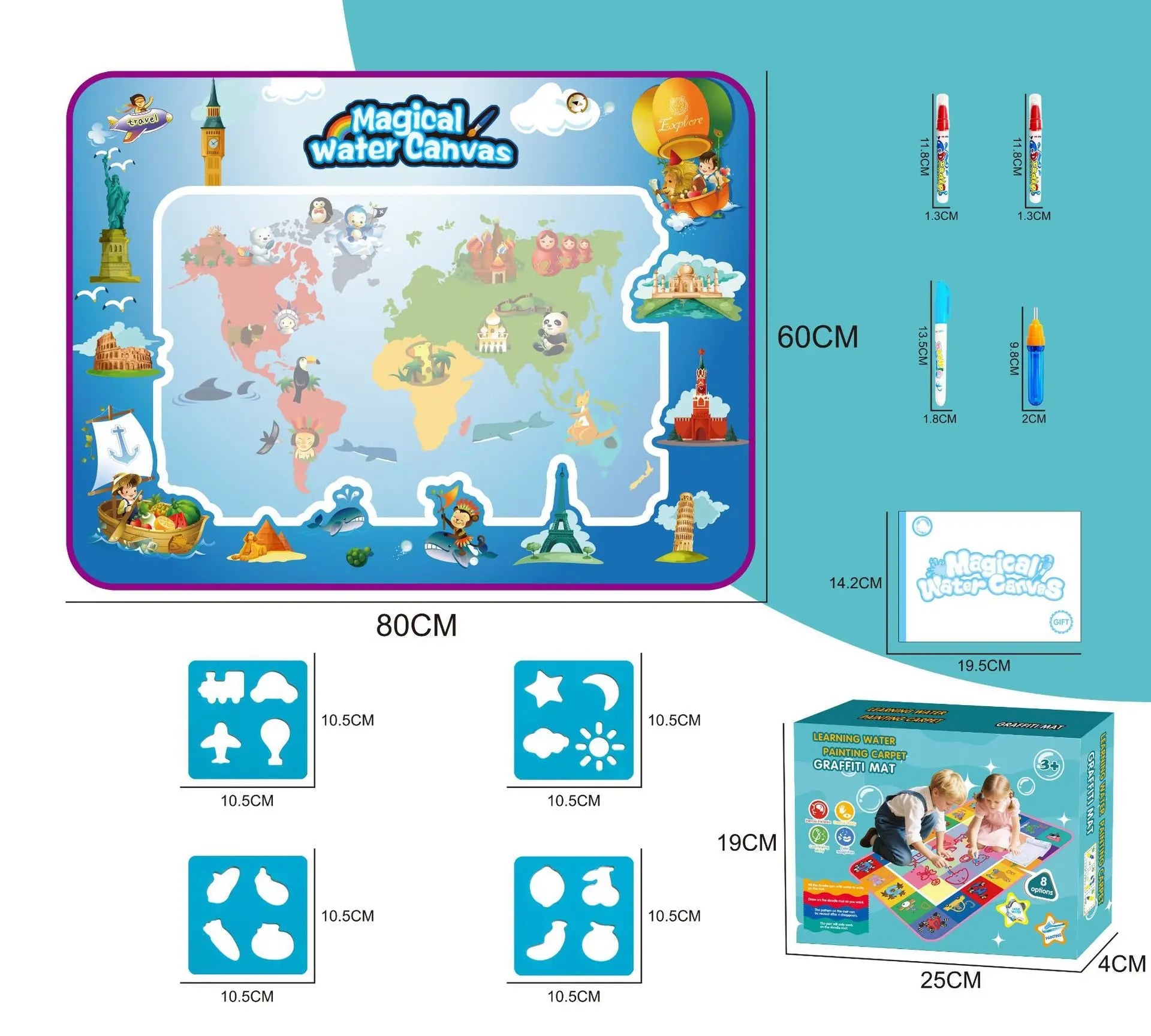 80x60CM World Map Theme Magic Water Doodle Mat - Educational Aqua Canvas, Deluxe 10-Piece Set Wholesale Hub