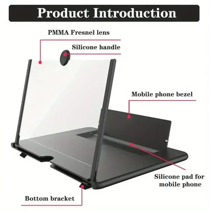 Black 14-Inch Ultra-Clear Portable Retractable HD Mobile Phone Screen Magnifier - Eye Protection Fresnel Lens Projector, with Built-in Phone Holder & Adjustable Base Wholesale Hub