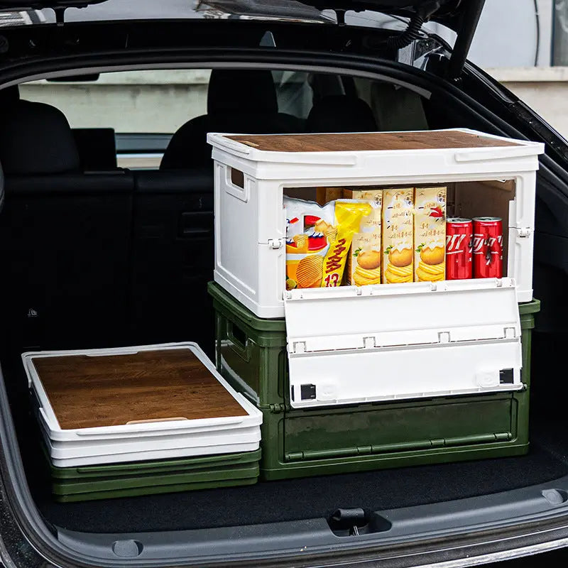White Collapsible Small Standard Storage Box with Wooden Table Top(39x27x21CM) - Car Trunk Organiser for Australian Camping & Home Use Wholesale Hub