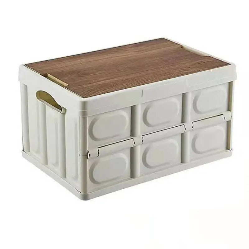 White Collapsible Medium Standard Storage Box with Wooden Table Top(42x28x23CM) - Car Trunk Organiser for Australian Camping & Home Use Wholesale Hub