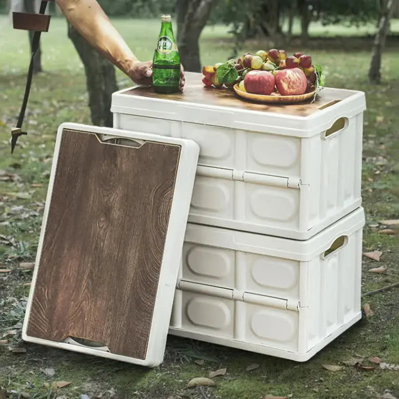 White Collapsible Medium Standard Storage Box with Wooden Table Top(42x28x23CM) - Car Trunk Organiser for Australian Camping & Home Use Wholesale Hub