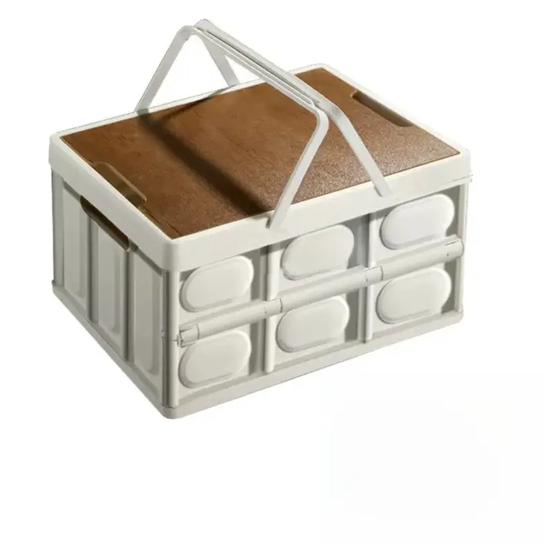 White Collapsible Medium Handle Storage Box with Wooden Table Top(42x28x23CM) - Car Trunk Organiser for Australian Camping & Home Use Wholesale Hub
