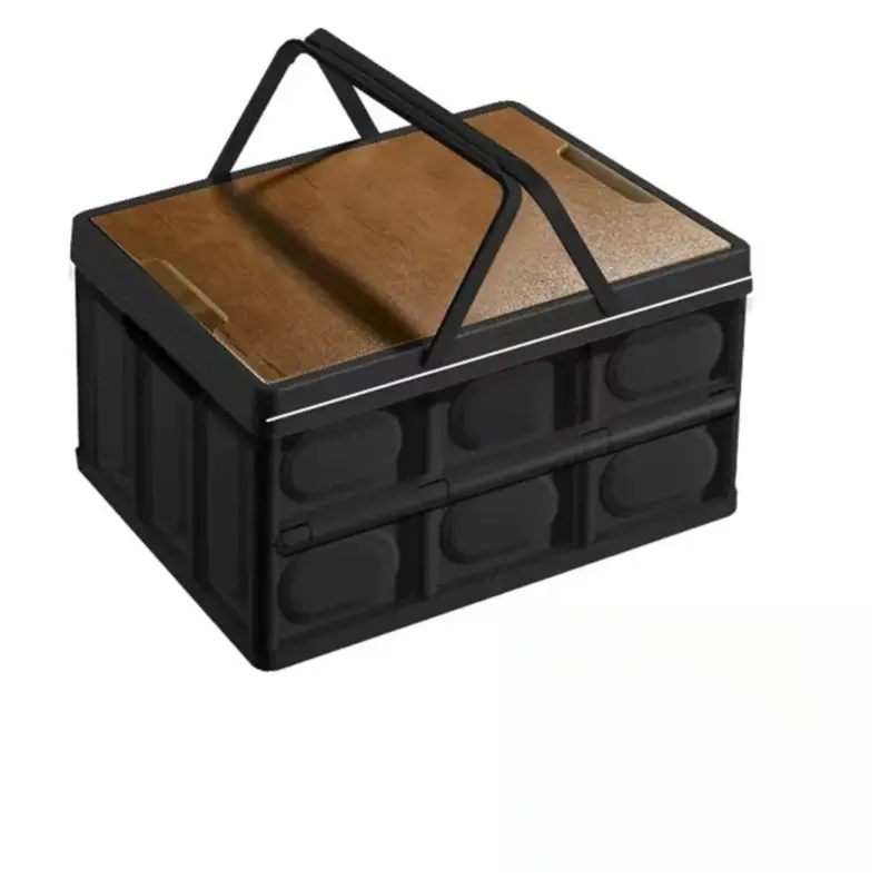 Black Collapsible Medium Handle Storage Box with Wooden Table Top(42x28x23CM) - Car Trunk Organiser for Australian Camping & Home Use Wholesale Hub