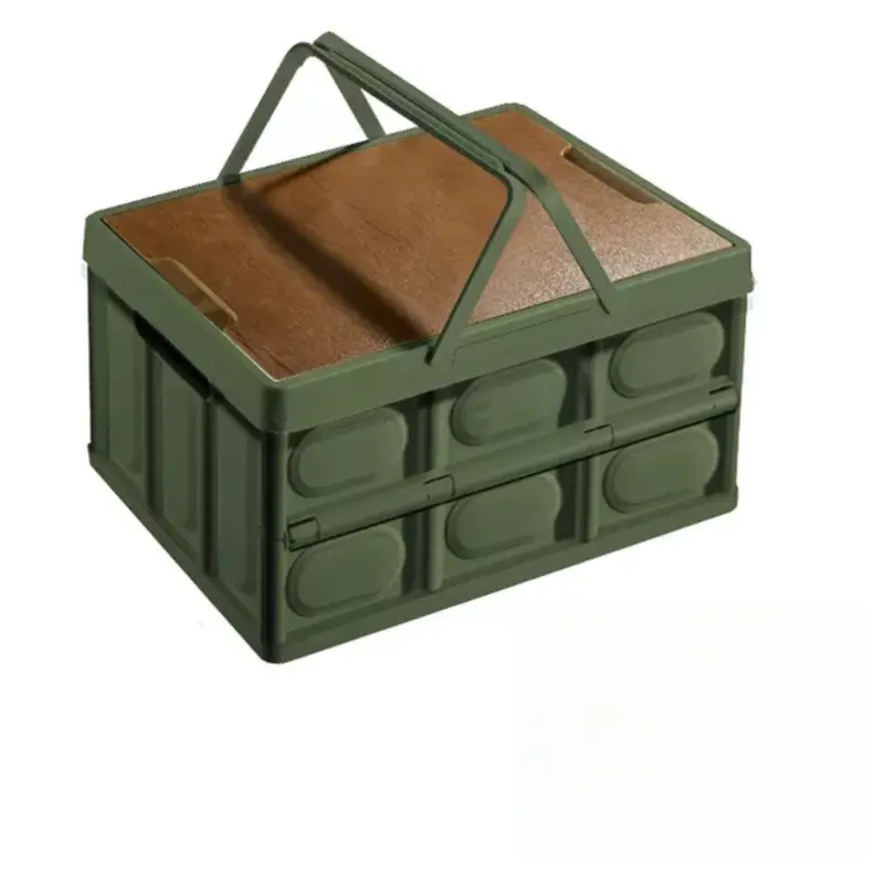 Green Collapsible Medium Handle Storage Box with Wooden Table Top(42x28x23CM) - Car Trunk Organiser for Australian Camping & Home Use Wholesale Hub