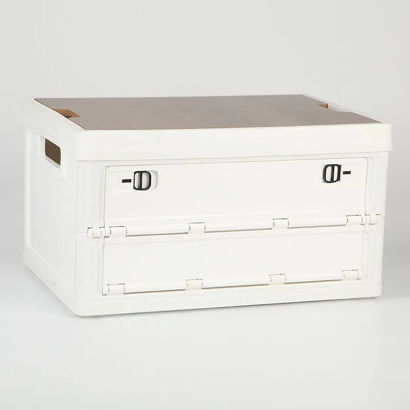 White Collapsible Medium Side-Open Storage Box with Wooden Table Top(42x28x23CM) - Car Trunk Organiser for Australian Camping & Home Use Wholesale Hub