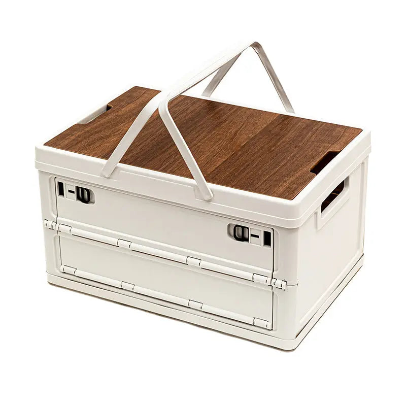 White Collapsible Medium Side-Open Handle Storage Box with Wooden Table Top(42x28x23CM) - Car Trunk Organiser for Australian Camping & Home Use Wholesale Hub