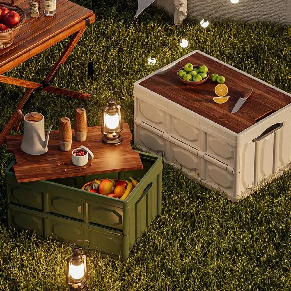 White Collapsible Medium Side-Open Handle Storage Box with Wooden Table Top(42x28x23CM) - Car Trunk Organiser for Australian Camping & Home Use Wholesale Hub