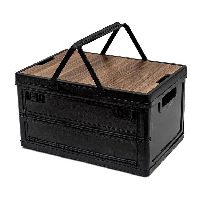 Black Collapsible Medium Side-Open Handle Storage Box with Wooden Table Top(42x28x23CM) - Car Trunk Organiser for Australian Camping & Home Use Wholesale Hub