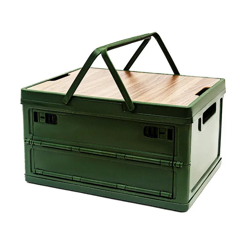 Green Collapsible Medium Side-Open Handle Storage Box with Wooden Table Top(42x28x23CM) - Car Trunk Organiser for Australian Camping & Home Use Wholesale Hub