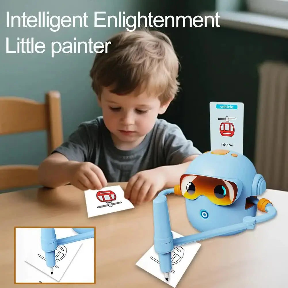 Blue smart Drawing & Learning Robot Toy with 100 Cards - Drawing & Vocabulary Educational Companion for Kids, Quick Card-Insert Recognition Wholesale Hub