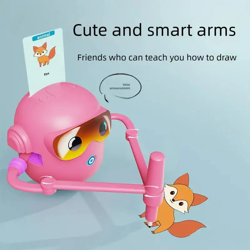 Pink smart Drawing & Learning Robot Toy with 100 Cards - Drawing & Vocabulary Educational Companion for Kids, Quick Card-Insert Recognition Wholesale Hub