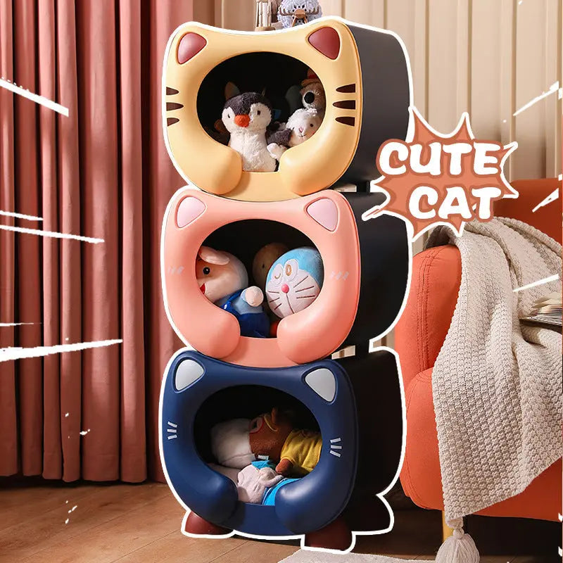 Blue Cute Cat-Themed Stackable Storage Bin - Multi-purpose Pet Bed & Toy Organizer Wholesale Hub