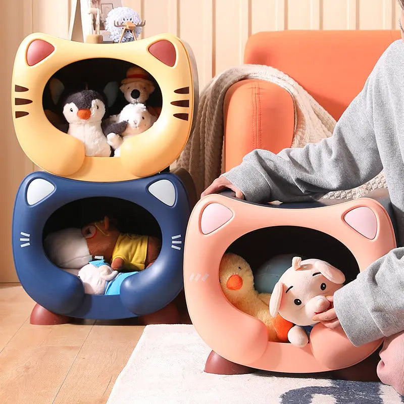 Blue Cute Cat-Themed Stackable Storage Bin - Multi-purpose Pet Bed & Toy Organizer Wholesale Hub