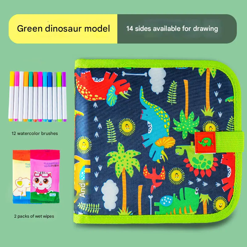 Green dinosaur Portable Reusable Drawing Board for Kids - erasable Doodle Book with Water Chalk Pens - Toddler Travel Activity Toy Wholesale Hub