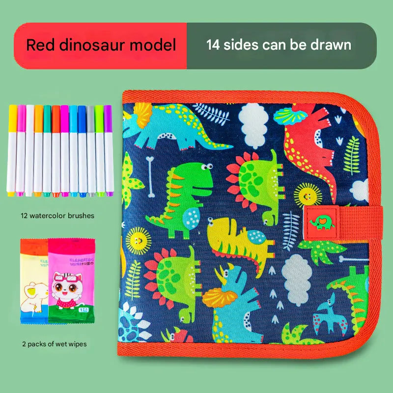 Red dinosaur Portable Reusable Drawing Board for Kids - erasable Doodle Book with Water Chalk Pens - Toddler Travel Activity Toy Wholesale Hub