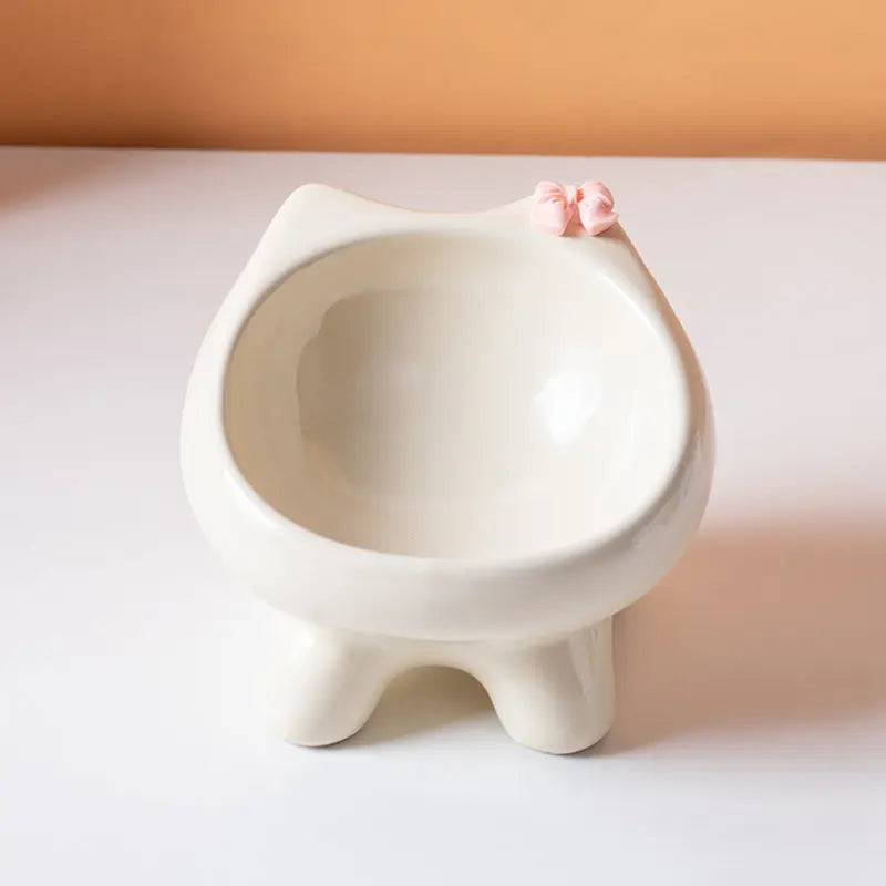 Beige Ceramic Elevated Cat Bowl Tilted Raised Pet Feeder with Anti-Slip Base Cute Design for Wet or Dry Food Ideal for Australian Pets Wholesale Hub