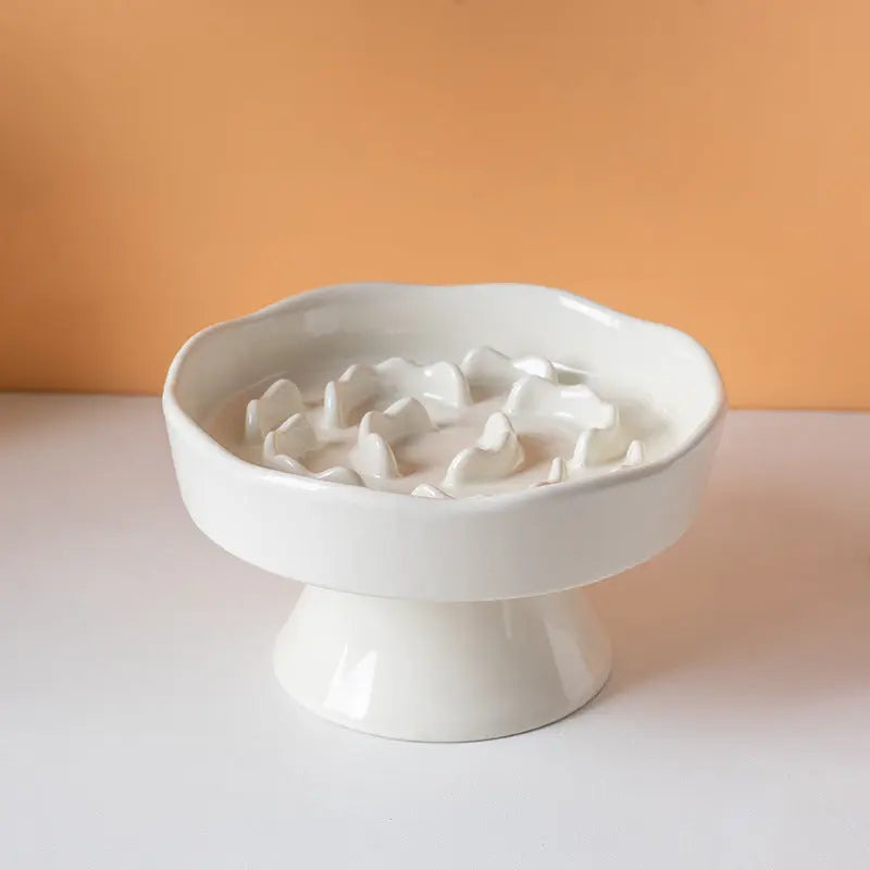 White Ceramic Elevated Slow Feeder Bowl Raised Pet Dish 310ml Anti-Vomit Puzzle Design for Cats and Small Dogs Healthy Digestion Sturdy Base Wholesale Hub