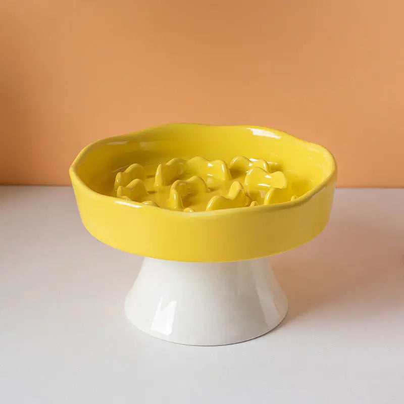 Yellow Ceramic Elevated Slow Feeder Bowl Raised Pet Dish 310ml Anti-Vomit Puzzle Design for Cats and Small Dogs Healthy Digestion Sturdy Base Wholesale Hub