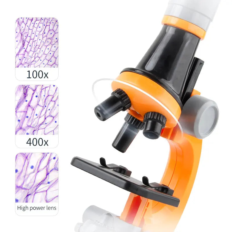 Orange Kids Biological Microscope Kit 100x 400x 1200x LED Magnification STEM Science Toy for School Students with Sample Slides Wholesale Hub