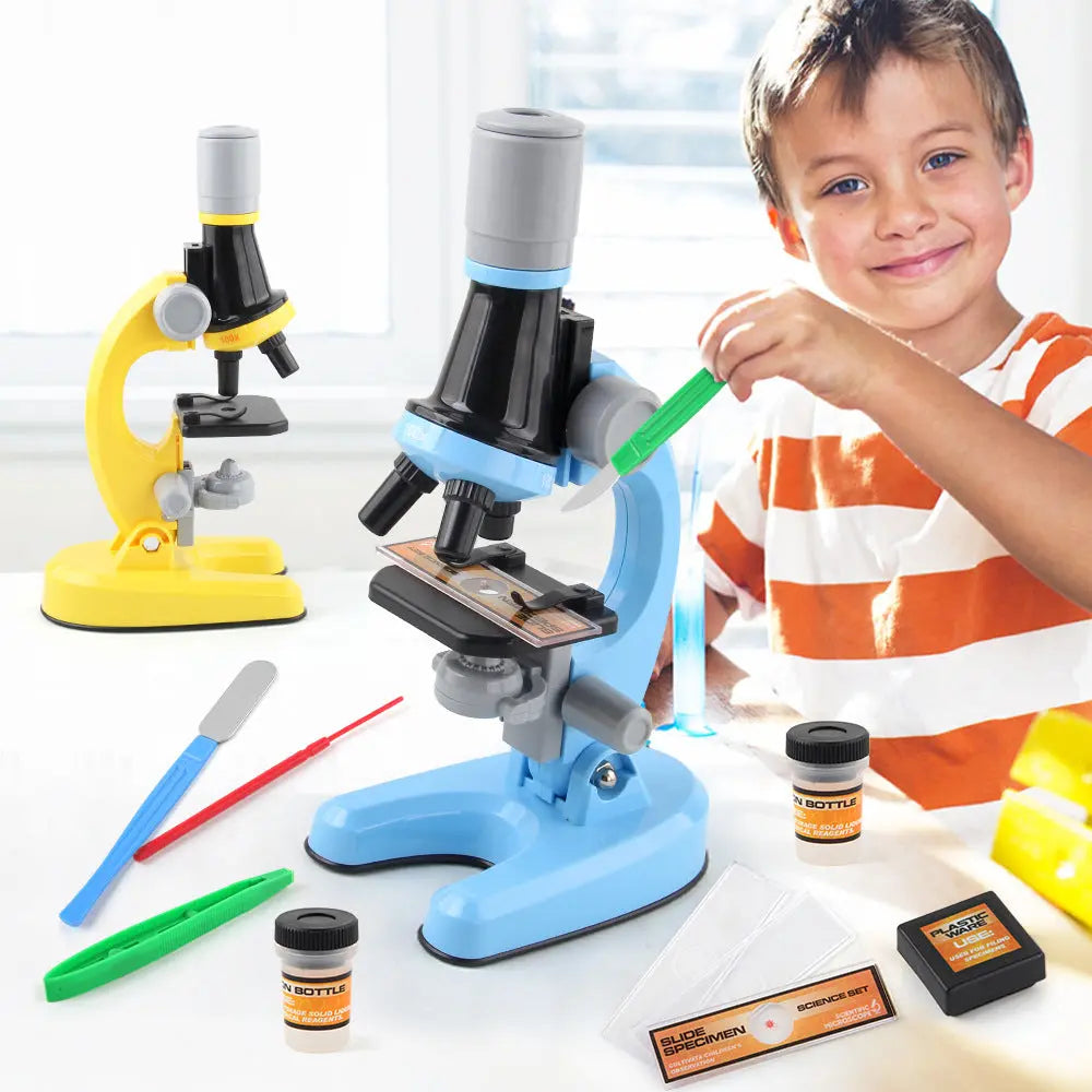 Blue Kids Biological Microscope Kit 100x 400x 1200x LED Magnification STEM Science Toy for School Students with Sample Slides Wholesale Hub