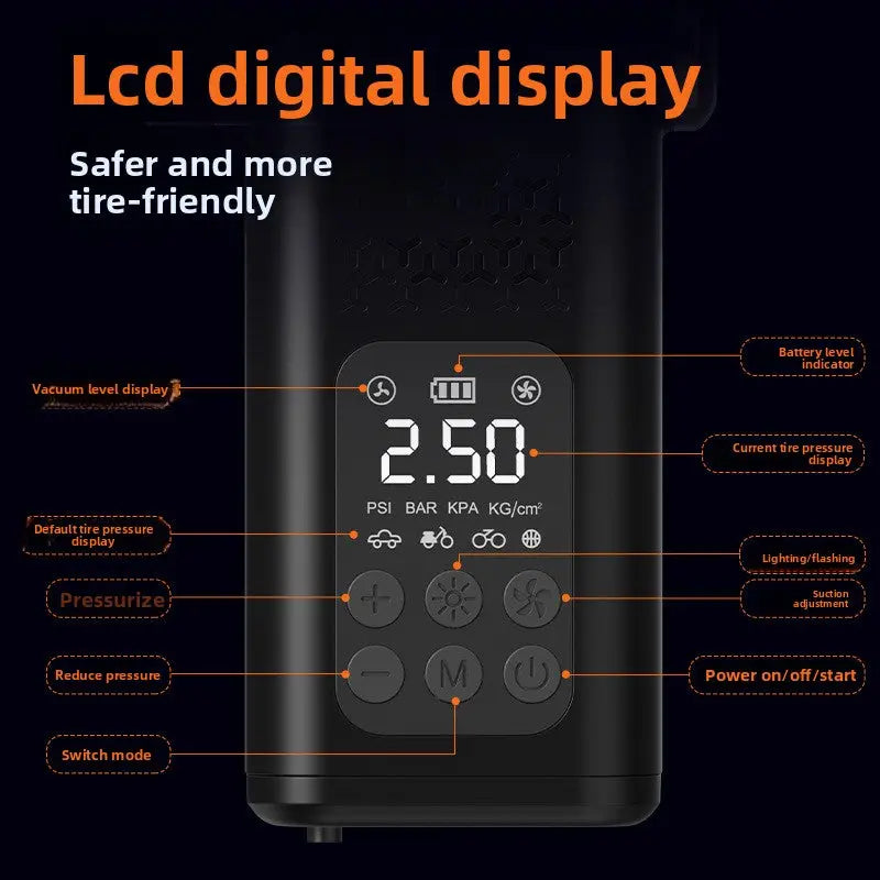 Black 4-in-1 Car Vacuum Cleaner and Tyre Inflator Portable Cordless Air Pump with LED Light and Digital Pressure Gauge Wholesale Hub